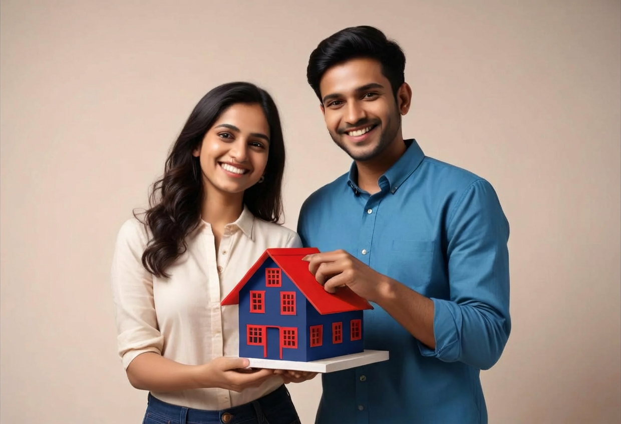 Couple holding model house